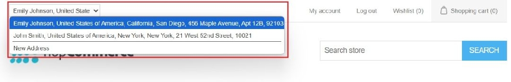 Select Shipping address dropdown on homepage